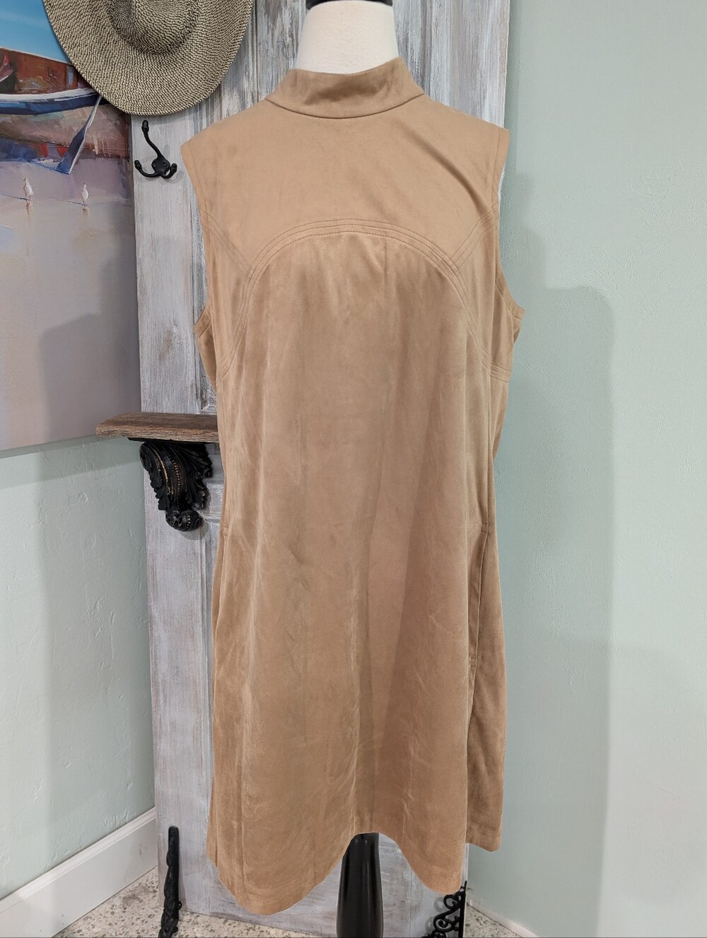 Alfani Faux Suede Sleeveless Mock-Neck Tan Shift Dress
